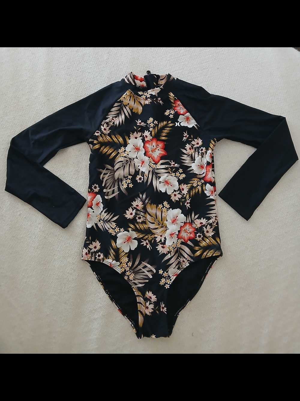 Hurley Black Floral Long Sleeve Kids One-Piece Rash UPF 50+ Guard Swim Suit